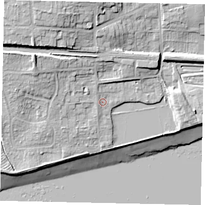 Shaded relief map of the ground around HU143DN, computed from Environment Agency LiDAR. The ground here sits at about 6 m above sea level and falls 21 m across the surrounding 800 m. Surface water reaching this point runs off ground lying to the north-north-west, 10.3 m higher.