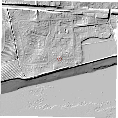 Shaded relief map of the ground around HU143DP, computed from Environment Agency LiDAR. The ground here sits at about 7 m above sea level and falls 18 m across the surrounding 800 m. Surface water reaching this point runs off ground lying to the north-north-west, 2.0 m higher.