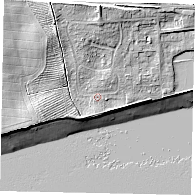 Shaded relief map of the ground around HU143DU, computed from Environment Agency LiDAR. The ground here sits at about 6 m above sea level and falls 18 m across the surrounding 800 m. Surface water reaching this point runs off ground lying to the north, 11.1 m higher.