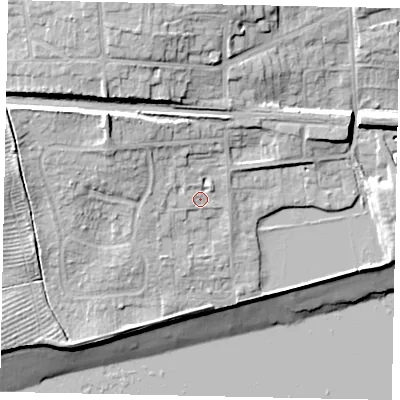 Shaded relief map of the ground around HU143DW, computed from Environment Agency LiDAR. The ground here sits at about 8 m above sea level and falls 21 m across the surrounding 800 m. Surface water reaching this point runs off ground lying to the north-west, 4.2 m higher.