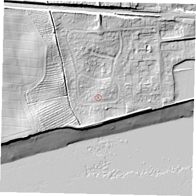 Shaded relief map of the ground around HU143DX, computed from Environment Agency LiDAR. The ground here sits at about 6 m above sea level and falls 18 m across the surrounding 800 m. Surface water reaching this point runs off ground lying to the north-east, 2.4 m higher.