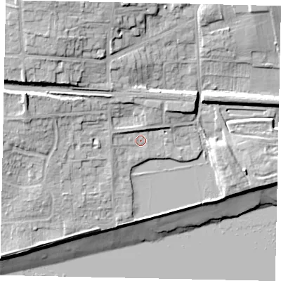 Shaded relief map of the ground around HU143EJ, computed from Environment Agency LiDAR. The ground here sits at about 6 m above sea level and falls 22 m across the surrounding 800 m. Surface water reaching this point runs off ground lying to the west-north-west, 2.3 m higher.