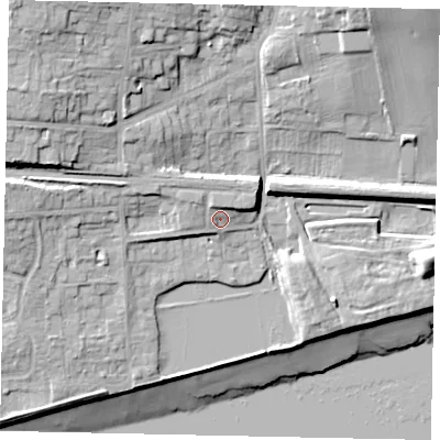 Shaded relief map of the ground around HU143EL, computed from Environment Agency LiDAR. The ground here sits at about 8 m above sea level and falls 23 m across the surrounding 800 m. Surface water reaching this point runs off ground lying to the north-west, 3.1 m higher.