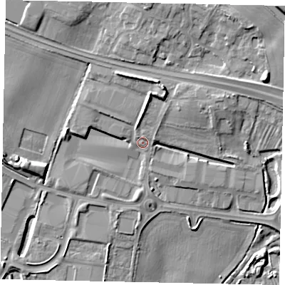 Shaded relief map of the ground around HU143HH, computed from Environment Agency LiDAR. The ground here sits at about 15 m above sea level and falls 20 m across the surrounding 800 m. Surface water reaching this point runs off ground lying to the north-north-east, 6.6 m higher.