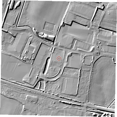Shaded relief map of the ground around HU143HJ, computed from Environment Agency LiDAR. The ground here sits at about 11 m above sea level and falls 17 m across the surrounding 800 m. Surface water reaching this point runs off ground lying to the north-east, 1.3 m higher.