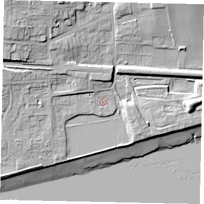 Shaded relief map of the ground around HU143JE, computed from Environment Agency LiDAR. The ground here sits at about 5 m above sea level and falls 21 m across the surrounding 800 m. Surface water reaching this point runs off ground lying to the north-west, 5.1 m higher.