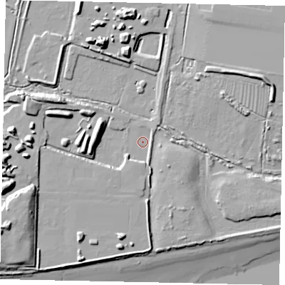 Shaded relief map of the ground around HU143LH, computed from Environment Agency LiDAR. The ground here sits at about 4 m above sea level and falls 20 m across the surrounding 800 m. Surface water reaching this point runs off ground lying to the south-west, 4.3 m higher.
