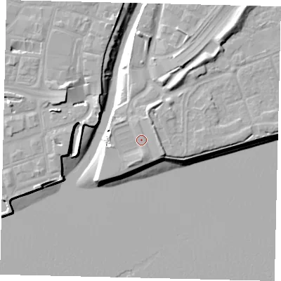 Shaded relief map of the ground around HU14BG, computed from Environment Agency LiDAR. The ground here sits at about 6 m above sea level and falls 11 m across the surrounding 800 m. Surface water reaching this point runs off ground lying to the south, 1.7 m higher.