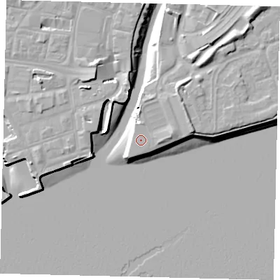 Shaded relief map of the ground around HU14DP, computed from Environment Agency LiDAR. The ground here sits at about 6 m above sea level and falls 11 m across the surrounding 800 m. Surface water reaching this point runs off ground lying to the east, 1.3 m higher.