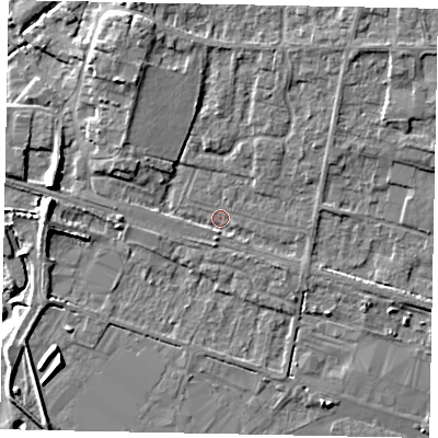 Shaded relief map of the ground around HU151BE, computed from Environment Agency LiDAR. The ground here sits at about 5 m above sea level and falls 11 m across the surrounding 800 m. Surface water reaching this point runs off ground lying to the north-east, 5.2 m higher.
