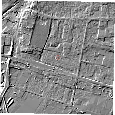 Shaded relief map of the ground around HU151BG, computed from Environment Agency LiDAR. The ground here sits at about 5 m above sea level and falls 10 m across the surrounding 800 m. Surface water reaching this point runs off ground lying to the north-east, 2.6 m higher.