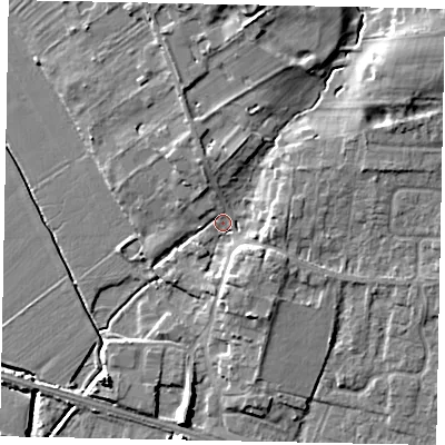 Shaded relief map of the ground around HU151DU, computed from Environment Agency LiDAR. The ground here sits at about 5 m above sea level and falls 12 m across the surrounding 800 m. Surface water reaching this point runs off ground lying to the north-east, 9.0 m higher.