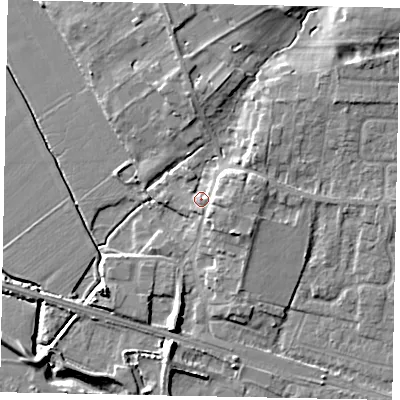Shaded relief map of the ground around HU151DY, computed from Environment Agency LiDAR. The ground here sits at about 7 m above sea level and falls 13 m across the surrounding 800 m. Surface water reaching this point runs off ground lying to the east, 4.5 m higher.