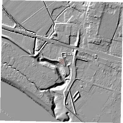 Shaded relief map of the ground around HU151ED, computed from Environment Agency LiDAR. The ground here sits at about 6 m above sea level and falls 12 m across the surrounding 800 m. Surface water reaching this point runs off ground lying to the east-south-east, 2.3 m higher.