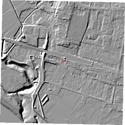 Shaded relief map of the ground around HU151EE, computed from Environment Agency LiDAR. The ground here sits at about 4 m above sea level and falls 12 m across the surrounding 800 m. Surface water reaching this point runs off ground lying to the north-west, 6.4 m higher.