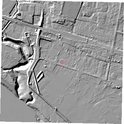 Shaded relief map of the ground around HU151EG, computed from Environment Agency LiDAR. The ground here sits at about 4 m above sea level and falls 12 m across the surrounding 800 m. Surface water reaching this point runs off ground lying to the south-south-west, 0.6 m higher.