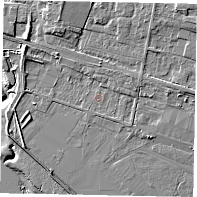 Shaded relief map of the ground around HU151EH, computed from Environment Agency LiDAR. The ground here sits at about 4 m above sea level and falls 12 m across the surrounding 800 m. Surface water reaching this point runs off ground lying to the north-north-east, 1.7 m higher.