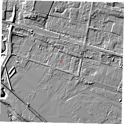 Shaded relief map of the ground around HU151EJ, computed from Environment Agency LiDAR. The ground here sits at about 4 m above sea level and falls 12 m across the surrounding 800 m. Surface water reaching this point runs off ground lying to the north-north-east, 1.7 m higher.