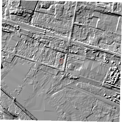 Shaded relief map of the ground around HU151EL, computed from Environment Agency LiDAR. The ground here sits at about 4 m above sea level and falls 12 m across the surrounding 800 m. Surface water reaching this point runs off ground lying to the north-north-east, 1.2 m higher.