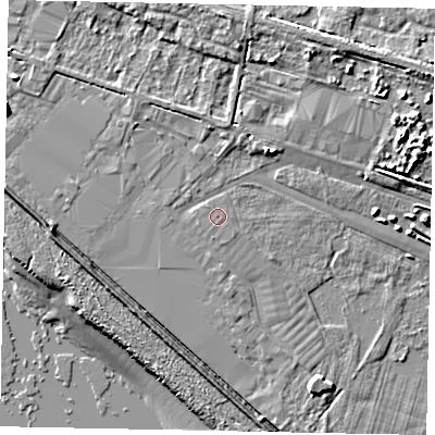 Shaded relief map of the ground around HU151EQ, computed from Environment Agency LiDAR. The ground here sits at about 4 m above sea level and falls 9 m across the surrounding 800 m. The ground contributing surface water to this point lies to the west-south-west.