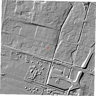Shaded relief map of the ground around HU151ER, computed from Environment Agency LiDAR. The ground here sits at about 6 m above sea level and falls 11 m across the surrounding 800 m. Surface water reaching this point runs off ground lying to the north-north-east, 1.7 m higher.