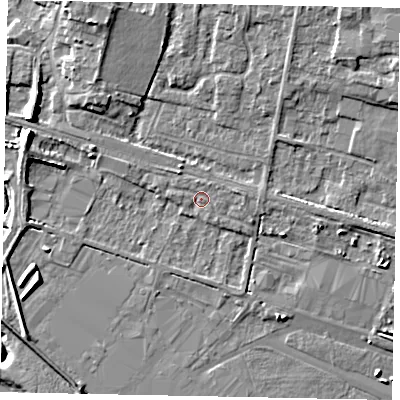 Shaded relief map of the ground around HU151ES, computed from Environment Agency LiDAR. The ground here sits at about 5 m above sea level and falls 12 m across the surrounding 800 m. Surface water reaching this point runs off ground lying to the east-north-east, 0.7 m higher.