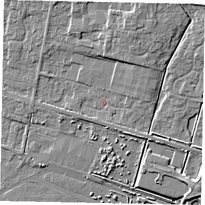 Shaded relief map of the ground around HU151EU, computed from Environment Agency LiDAR. The ground here sits at about 6 m above sea level and falls 9 m across the surrounding 800 m. Surface water reaching this point runs off ground lying to the north-east, 7.3 m higher.