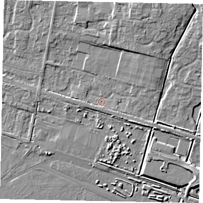 Shaded relief map of the ground around HU151EW, computed from Environment Agency LiDAR. The ground here sits at about 5 m above sea level and falls 8 m across the surrounding 800 m. Surface water reaching this point runs off ground lying to the north-north-east, 6.2 m higher.