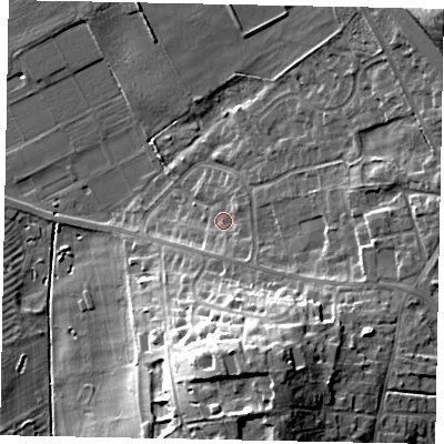 Shaded relief map of the ground around HU151GZ, computed from Environment Agency LiDAR. The ground here sits at about 18 m above sea level and falls 29 m across the surrounding 800 m. Surface water reaching this point runs off ground lying to the south-south-east, 16.2 m higher.