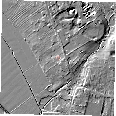 Shaded relief map of the ground around HU151HA, computed from Environment Agency LiDAR. The ground here sits at about 7 m above sea level and falls 13 m across the surrounding 800 m. Surface water reaching this point runs off ground lying to the south-east, 2.3 m higher.