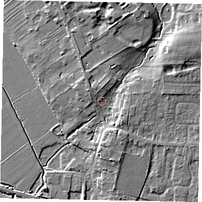 Shaded relief map of the ground around HU151HB, computed from Environment Agency LiDAR. The ground here sits at about 6 m above sea level and falls 12 m across the surrounding 800 m. Surface water reaching this point runs off ground lying to the north-west, 3.8 m higher.