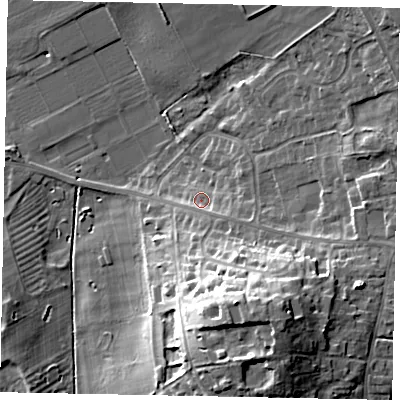 Shaded relief map of the ground around HU151HN, computed from Environment Agency LiDAR. The ground here sits at about 18 m above sea level and falls 25 m across the surrounding 800 m. Surface water reaching this point runs off ground lying to the south-south-east, 15.6 m higher.