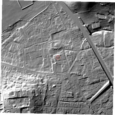 Shaded relief map of the ground around HU151HS, computed from Environment Agency LiDAR. The ground here sits at about 24 m above sea level and falls 31 m across the surrounding 800 m. Surface water reaching this point runs off ground lying to the north-east, 0.6 m higher.