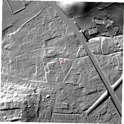 Shaded relief map of the ground around HU151HT, computed from Environment Agency LiDAR. The ground here sits at about 25 m above sea level and falls 35 m across the surrounding 800 m. Surface water reaching this point runs off ground lying to the east, 1.8 m higher.