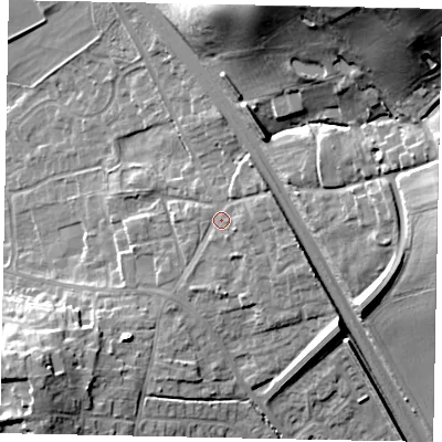 Shaded relief map of the ground around HU151HU, computed from Environment Agency LiDAR. The ground here sits at about 26 m above sea level and falls 32 m across the surrounding 800 m. Surface water reaching this point runs off ground lying to the east-north-east, 3.0 m higher.