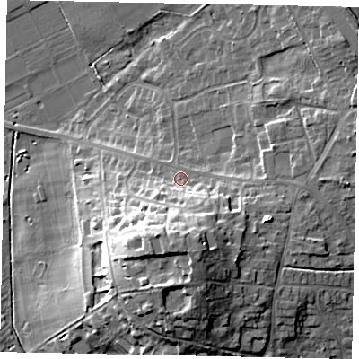 Shaded relief map of the ground around HU151HW, computed from Environment Agency LiDAR. The ground here sits at about 21 m above sea level and falls 26 m across the surrounding 800 m. Surface water reaching this point runs off ground lying to the south-south-east, 12.3 m higher.