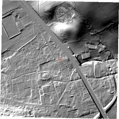 Shaded relief map of the ground around HU151HX, computed from Environment Agency LiDAR. The ground here sits at about 26 m above sea level and falls 53 m across the surrounding 800 m. Surface water reaching this point runs off ground lying to the north-north-east, 29.7 m higher.