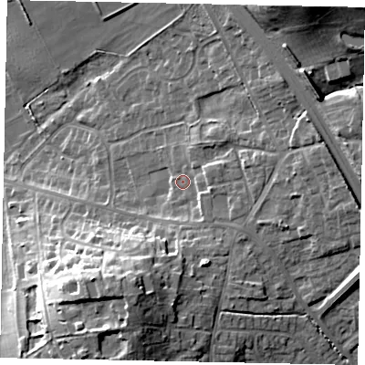 Shaded relief map of the ground around HU151JD, computed from Environment Agency LiDAR. The ground here sits at about 22 m above sea level and falls 27 m across the surrounding 800 m. Surface water reaching this point runs off ground lying to the east-north-east, 4.5 m higher.