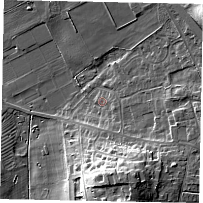 Shaded relief map of the ground around HU151JQ, computed from Environment Agency LiDAR. The ground here sits at about 18 m above sea level and falls 26 m across the surrounding 800 m. Surface water reaching this point runs off ground lying to the south-south-east, 16.8 m higher.