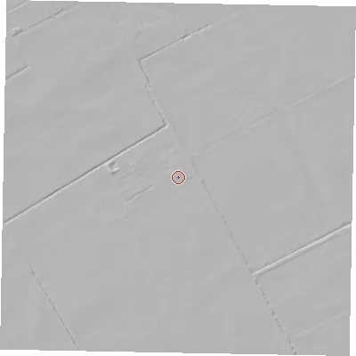 Shaded relief map of the ground around HU151RF, computed from Environment Agency LiDAR. The ground here sits at about 2 m above sea level and falls 3 m across the surrounding 800 m. Surface water reaching this point runs off ground lying to the east-south-east, 1.0 m higher.