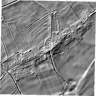 Shaded relief map of the ground around HU151RJ, computed from Environment Agency LiDAR. The ground here sits at about 4 m above sea level and falls 5 m across the surrounding 800 m. Surface water reaching this point runs off ground lying to the south, 1.4 m higher.