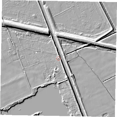 Shaded relief map of the ground around HU151RS, computed from Environment Agency LiDAR. The ground here sits at about 1 m above sea level and falls 7 m across the surrounding 800 m. Surface water reaching this point runs off ground lying to the south-south-east, 3.6 m higher.