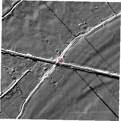 Shaded relief map of the ground around HU151RU, computed from Environment Agency LiDAR. The ground here sits at about 4 m above sea level and falls 5 m across the surrounding 800 m. Surface water reaching this point runs off ground lying to the east-south-east, 2.0 m higher.