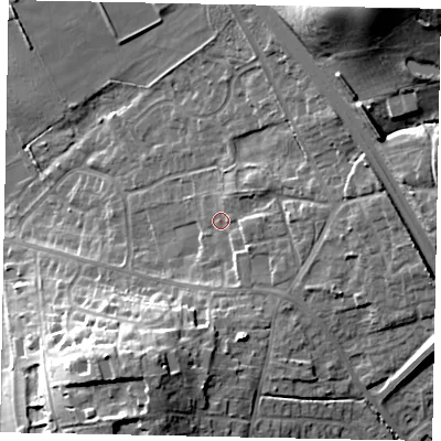 Shaded relief map of the ground around HU151SP, computed from Environment Agency LiDAR. The ground here sits at about 22 m above sea level and falls 32 m across the surrounding 800 m. Surface water reaching this point runs off ground lying to the east, 4.4 m higher.