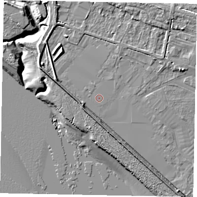 Shaded relief map of the ground around HU151XW, computed from Environment Agency LiDAR. The ground here sits at about 4 m above sea level and falls 10 m across the surrounding 800 m. The ground contributing surface water to this point lies to the north-north-west.