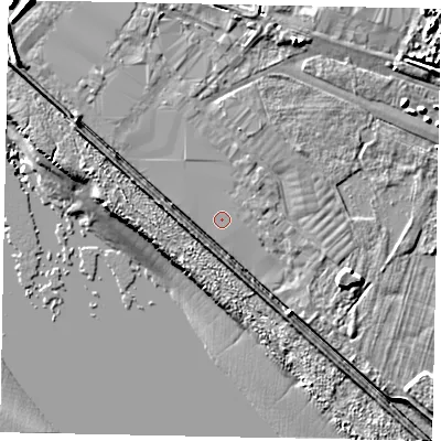 Shaded relief map of the ground around HU151XX, computed from Environment Agency LiDAR. The ground here sits at about 4 m above sea level and falls 10 m across the surrounding 800 m. Surface water reaching this point runs off ground lying to the east-south-east, 3.7 m higher.