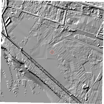 Shaded relief map of the ground around HU151YJ, computed from Environment Agency LiDAR. The ground here sits at about 4 m above sea level and falls 10 m across the surrounding 800 m. Surface water reaching this point runs off ground lying to the east, 0.6 m higher.