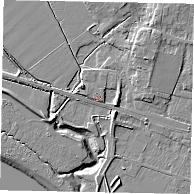 Shaded relief map of the ground around HU151YS, computed from Environment Agency LiDAR. The ground here sits at about 6 m above sea level and falls 12 m across the surrounding 800 m. Surface water reaching this point runs off ground lying to the west, 2.2 m higher.