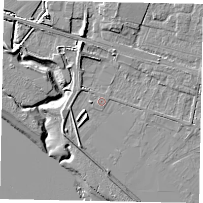 Shaded relief map of the ground around HU151YX, computed from Environment Agency LiDAR. The ground here sits at about 4 m above sea level and falls 12 m across the surrounding 800 m. Surface water reaching this point runs off ground lying to the west, 1.5 m higher.