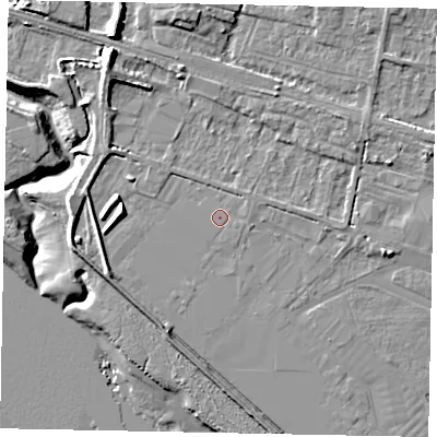 Shaded relief map of the ground around HU151YY, computed from Environment Agency LiDAR. The ground here sits at about 4 m above sea level and falls 12 m across the surrounding 800 m. The ground contributing surface water to this point lies to the east-north-east.